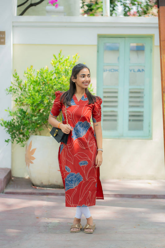 AA221  Cherry Red Butter Cotton Floral Kurti