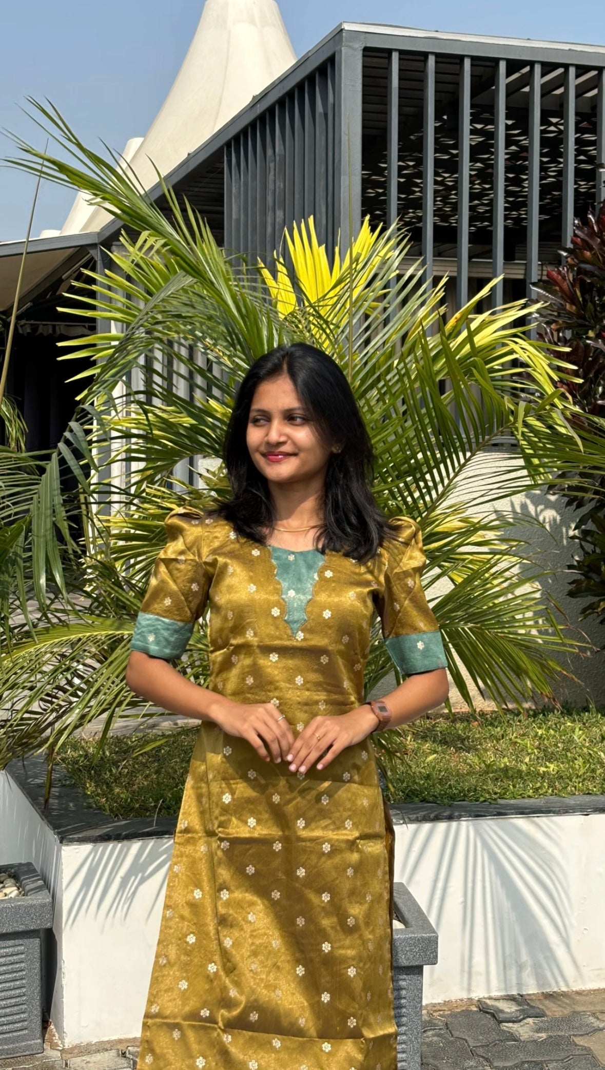 AA181 Mustard with Teal Blue Combo Shimmer Silk Kurti(Warning:Don’t Iron)