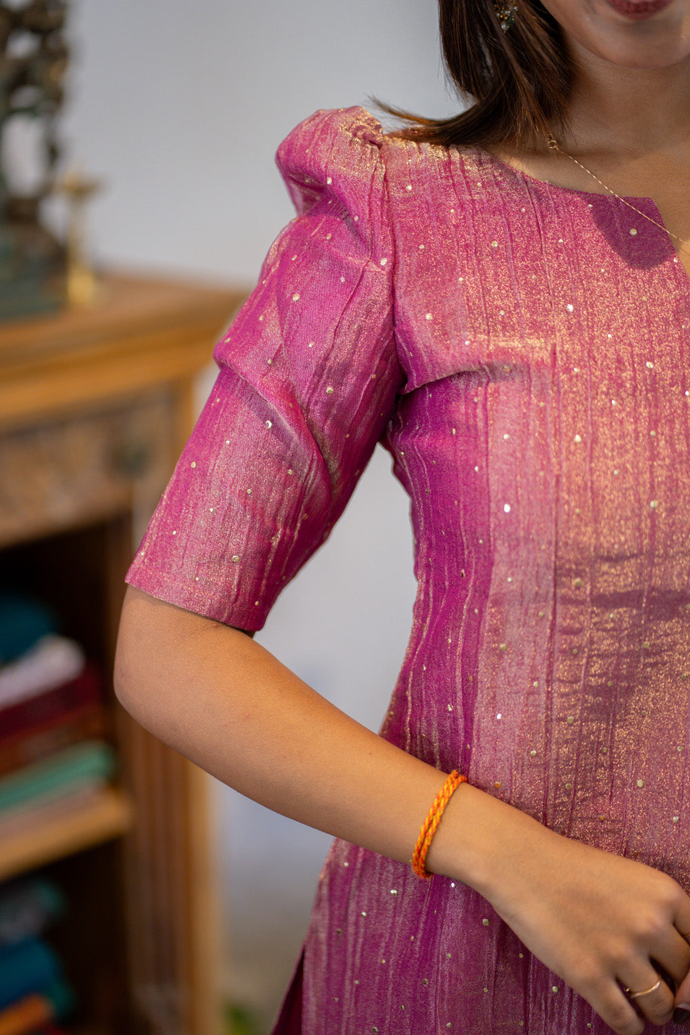AA303 Purplish Pink Crush Silk Salwar Set with Shiny Tissue Silk Dupatta(crepe Lining)