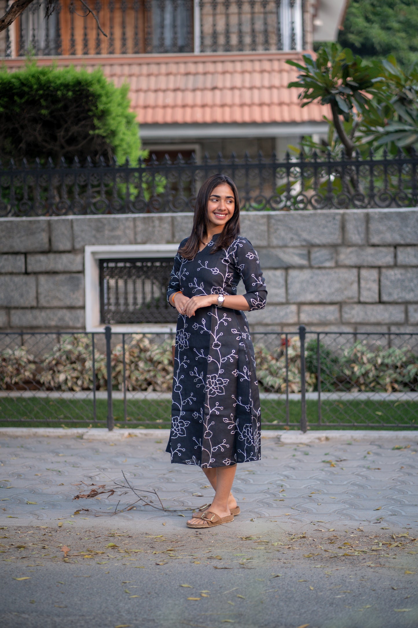 AA168 Black Linen Embroidery Frock