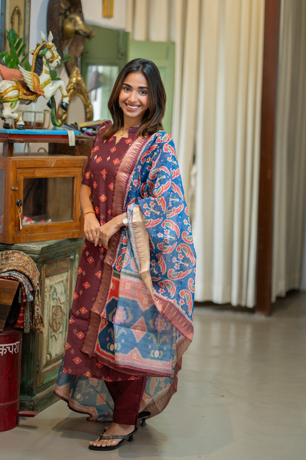 Brown with Blue combo Malai Chanderi Salwar Set with Patola Print Dupatta