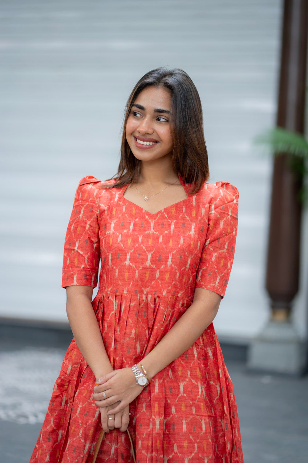 AA286 Rust Orange Ikkat Print Maxi