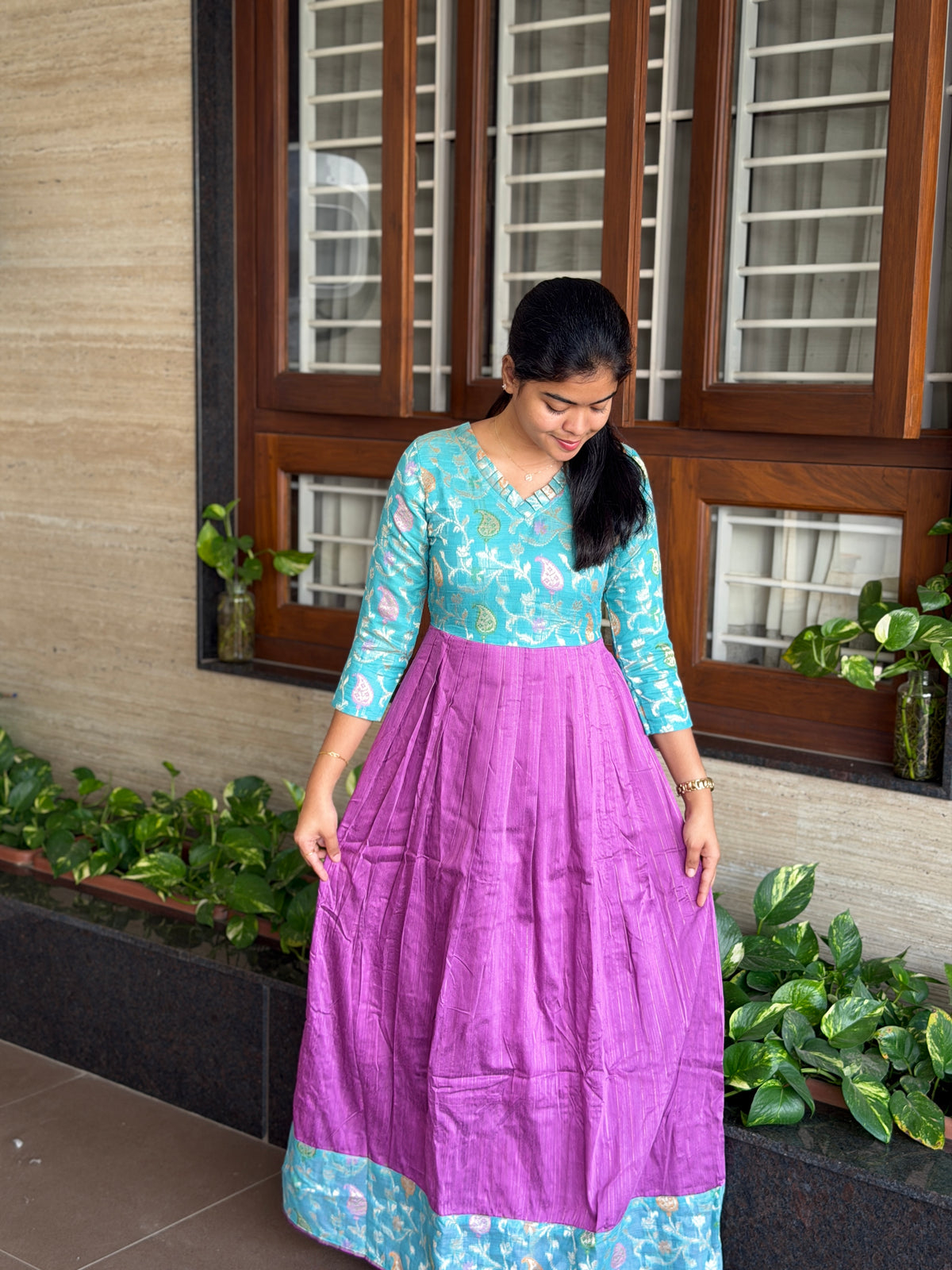 AA304 Maxi-Blue Jacquard Brocade Silk with Multicolour Zari in Yoke part combined with Purple full flared Skirt