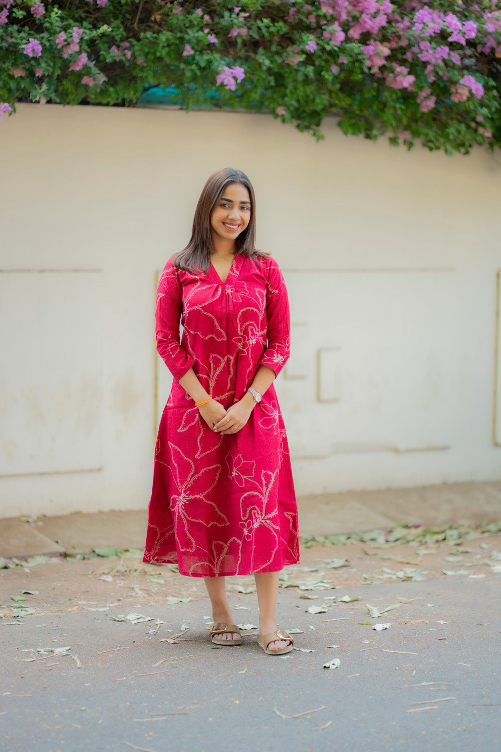 AA233 Raspberry Bandhani Floral print Flex Cotton Aline Kurti