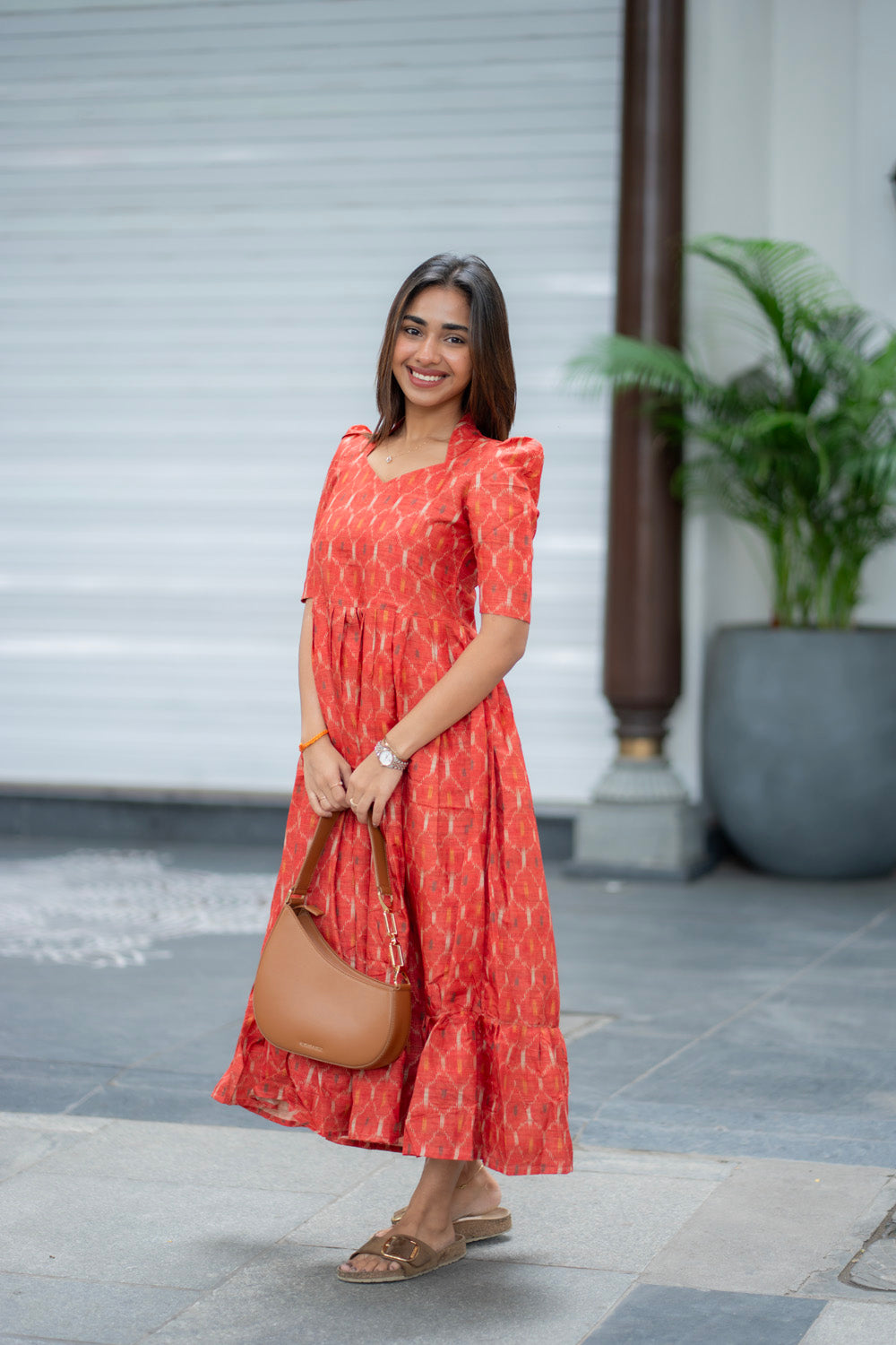 AA286 Rust Orange Ikkat Print Maxi