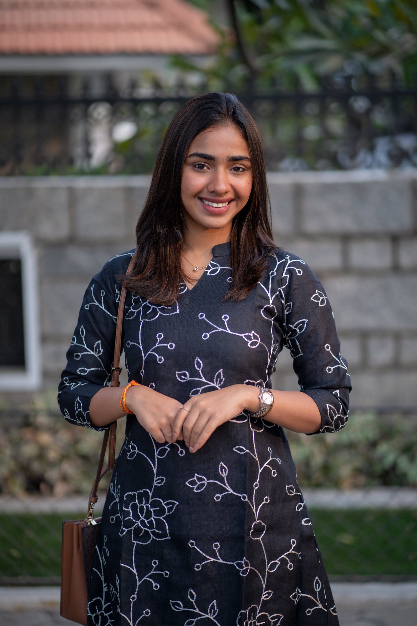 AA168 Black Linen Embroidery Frock