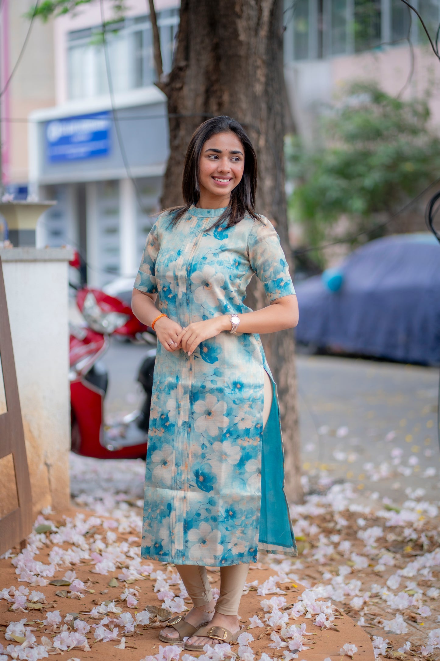 AA184 Blue Digital Print Floral Silk Kurti