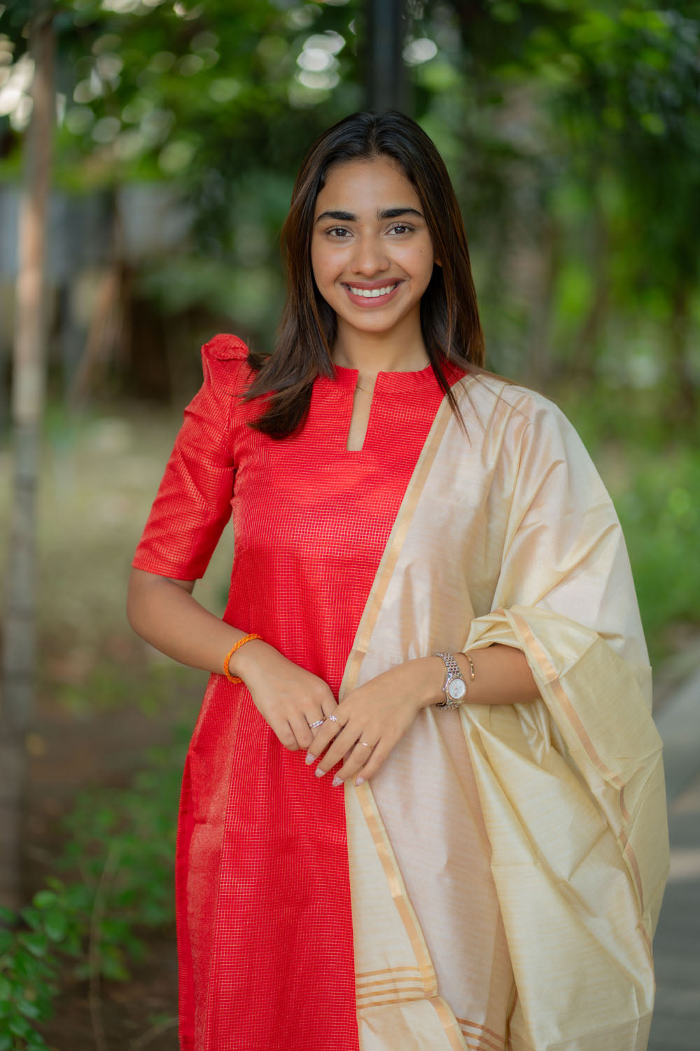 AA244 Red Checks Tissue Silk Kurti with Golden Dupatta
