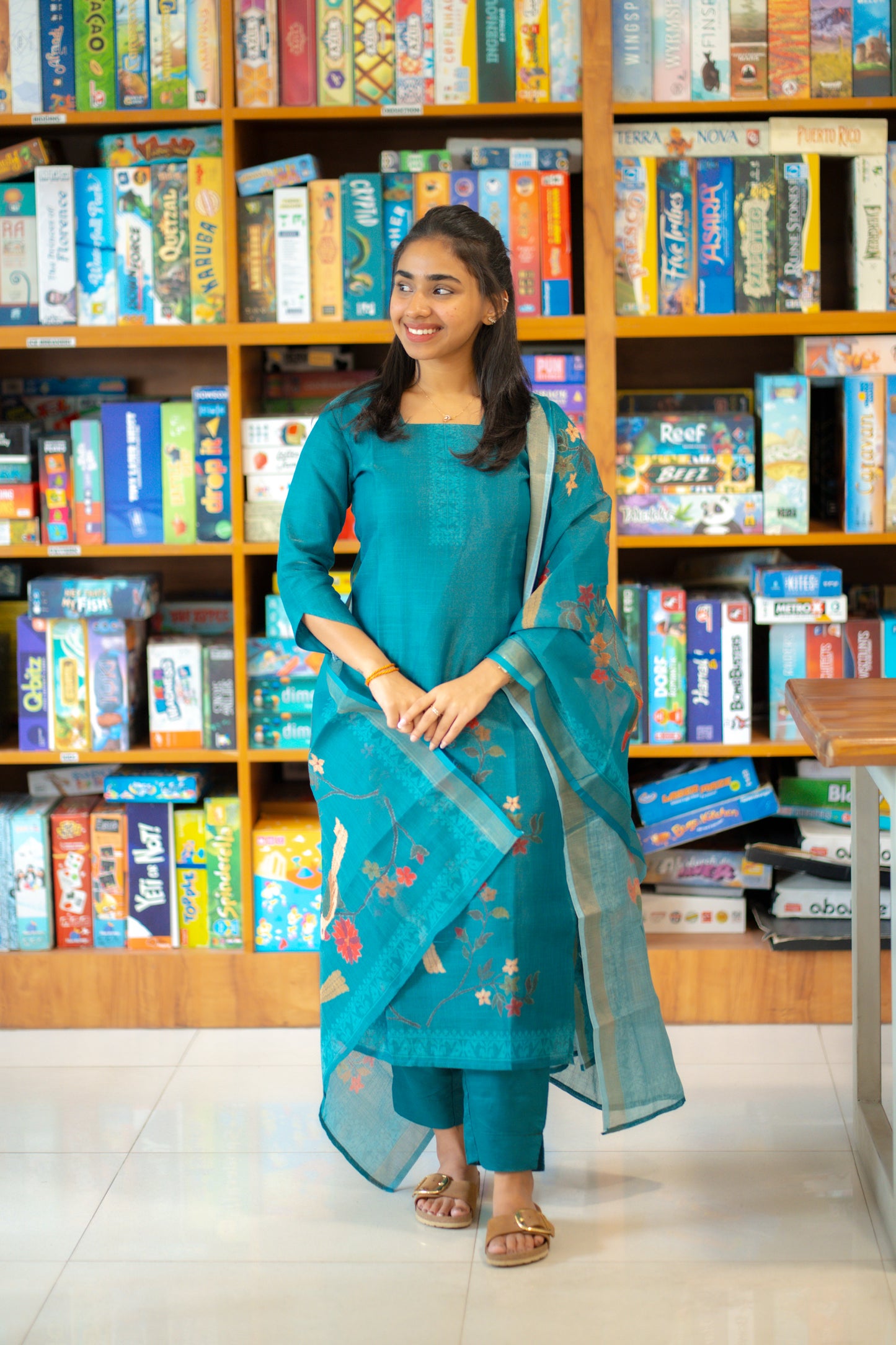 AA146 Peacock Blue Handloom Tissue Silk 3 pc Set(Parrot Design)