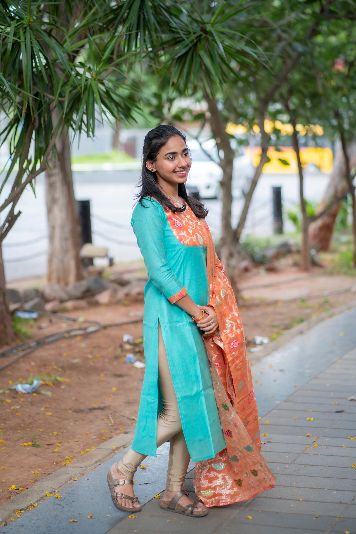 AA097 Blue Raw silk Kurti with Orange Jacquard Dupatta