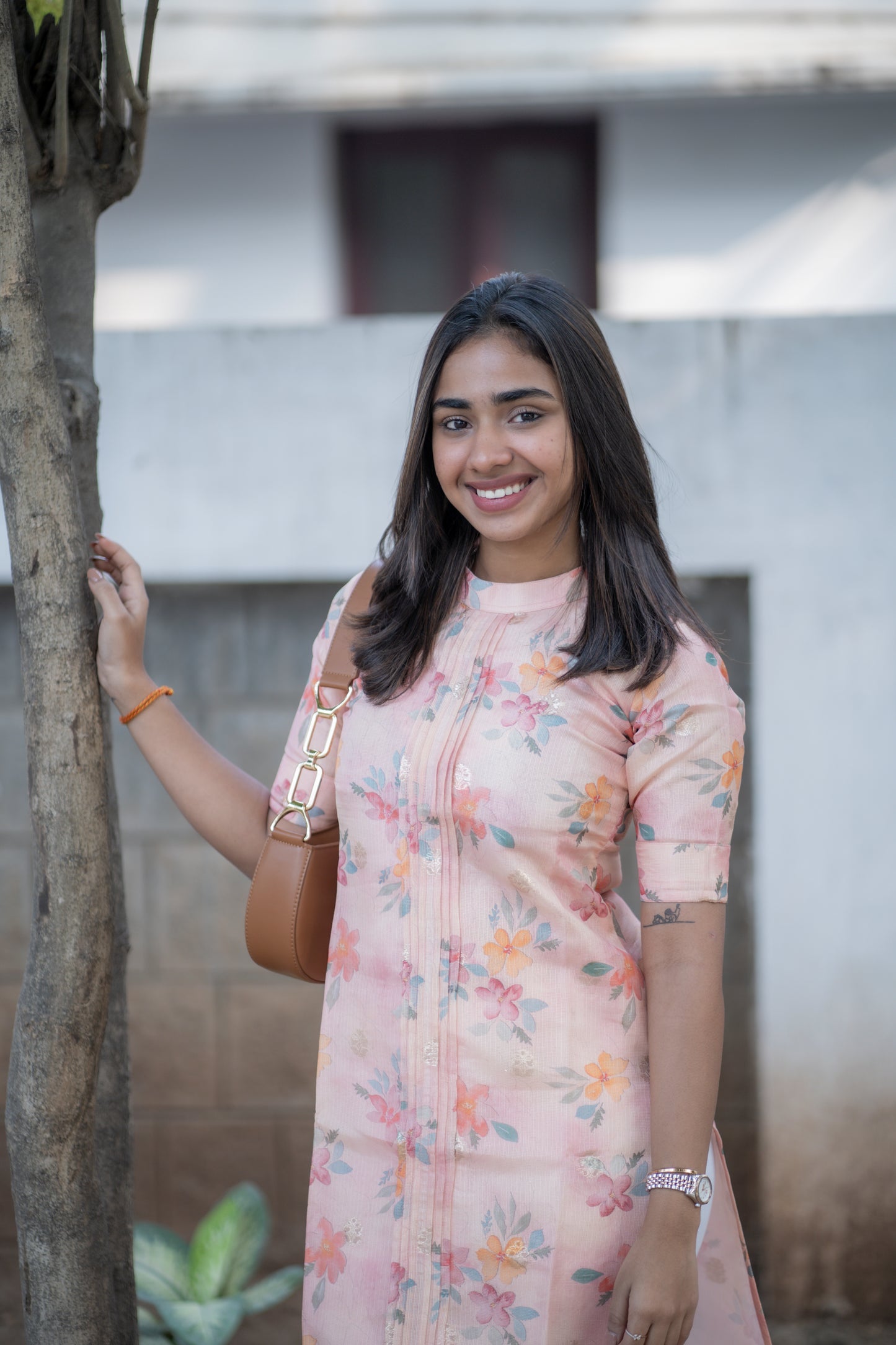 AA170 Peach Floral Kota Silk Kurti