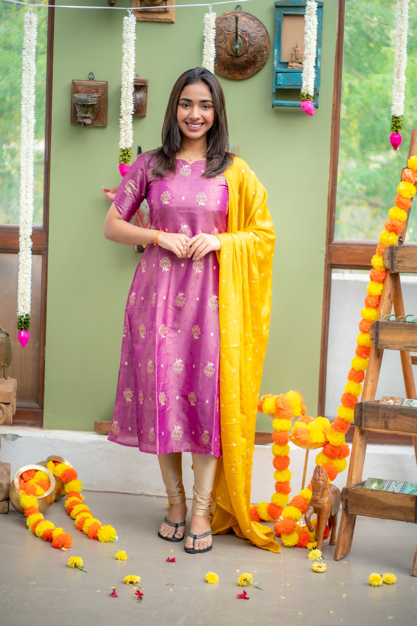 AA153 Lavender Shimmer Silk A line Kurti with Yellow Golden Motifs Dupatta