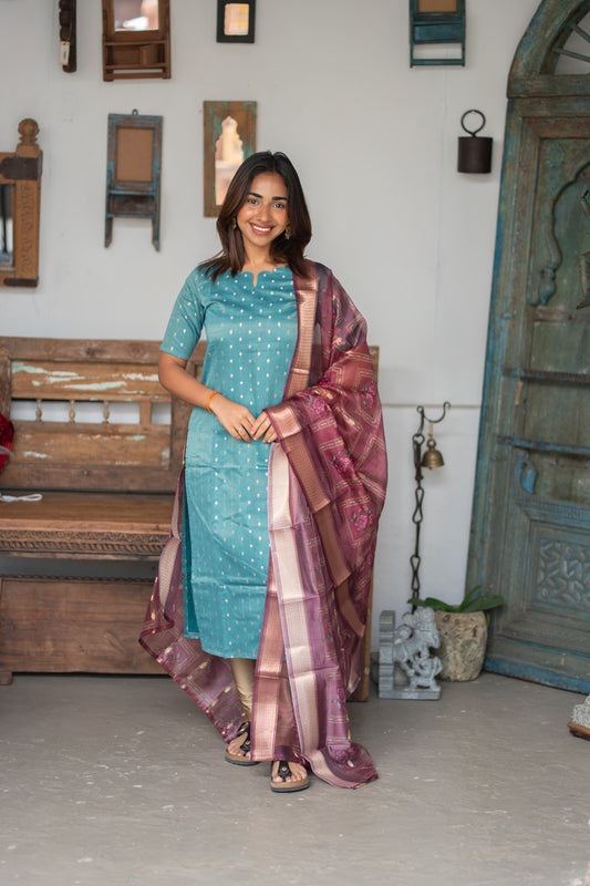 Blue Raw Silk Kurti with Beautiful Motifs paired with Organza Dupatta