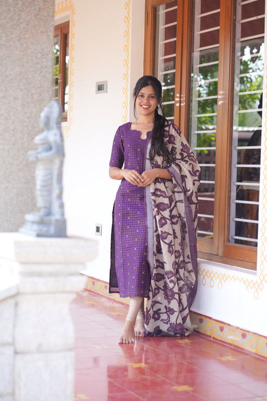 AA164 Violet Raw Silk Kurti with Kalamkari Dupatta