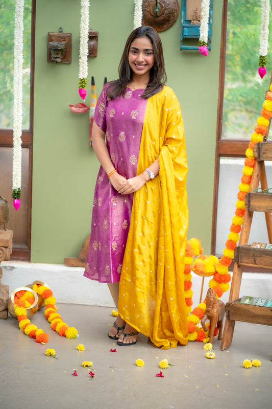 AA153 Lavender Shimmer Silk A line Kurti with Yellow Golden Motifs Dupatta