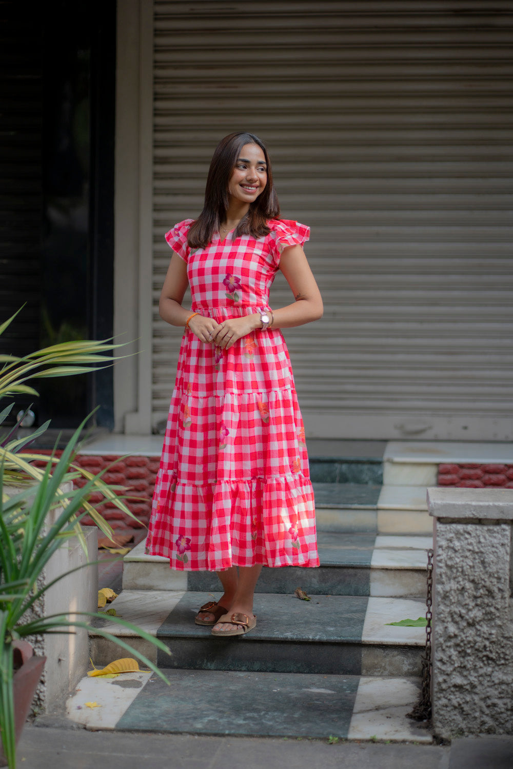 AA231 Red Checks floral Cotton Maxi