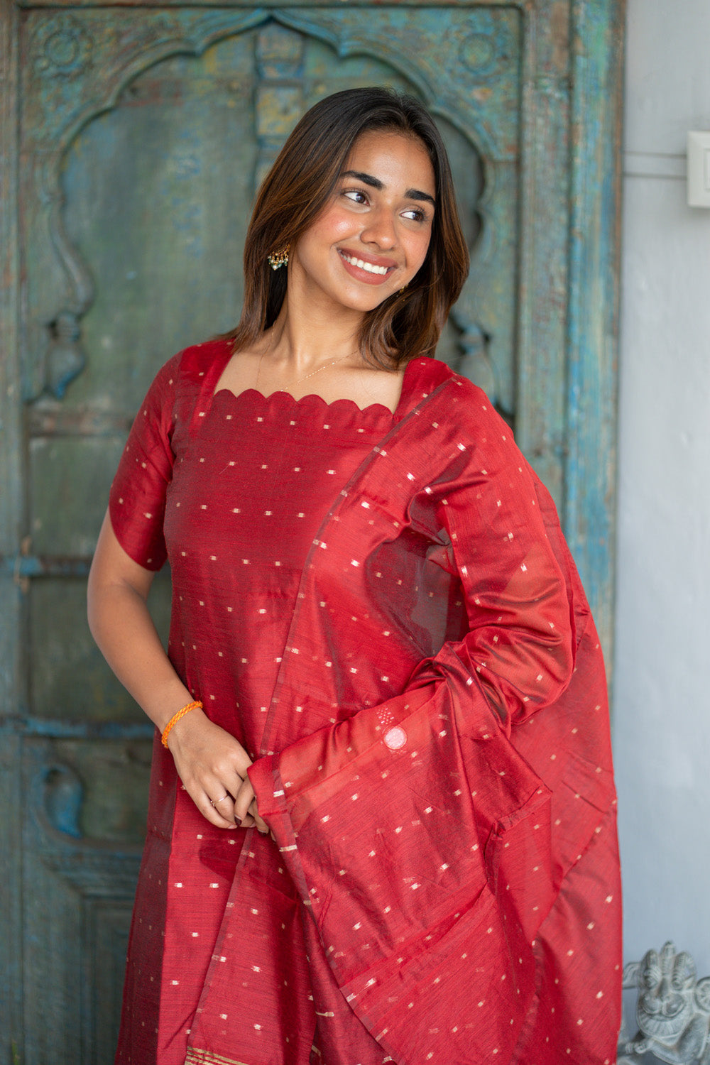 AA304 Plum Red Chanderi Silk Salwar Set with Scallop Neck (Rich & Classy Outfit with Golden Border & Golden Motifs)