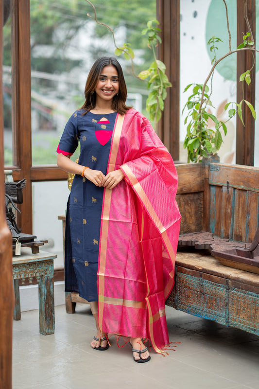 Dark Blue Raw Silk Kurti with Golden Elephant & Horse motifs Paired with Rani Pink Zari Checks Dupatta(Neck & sleeve patched with Rani pink Silk fabric)
