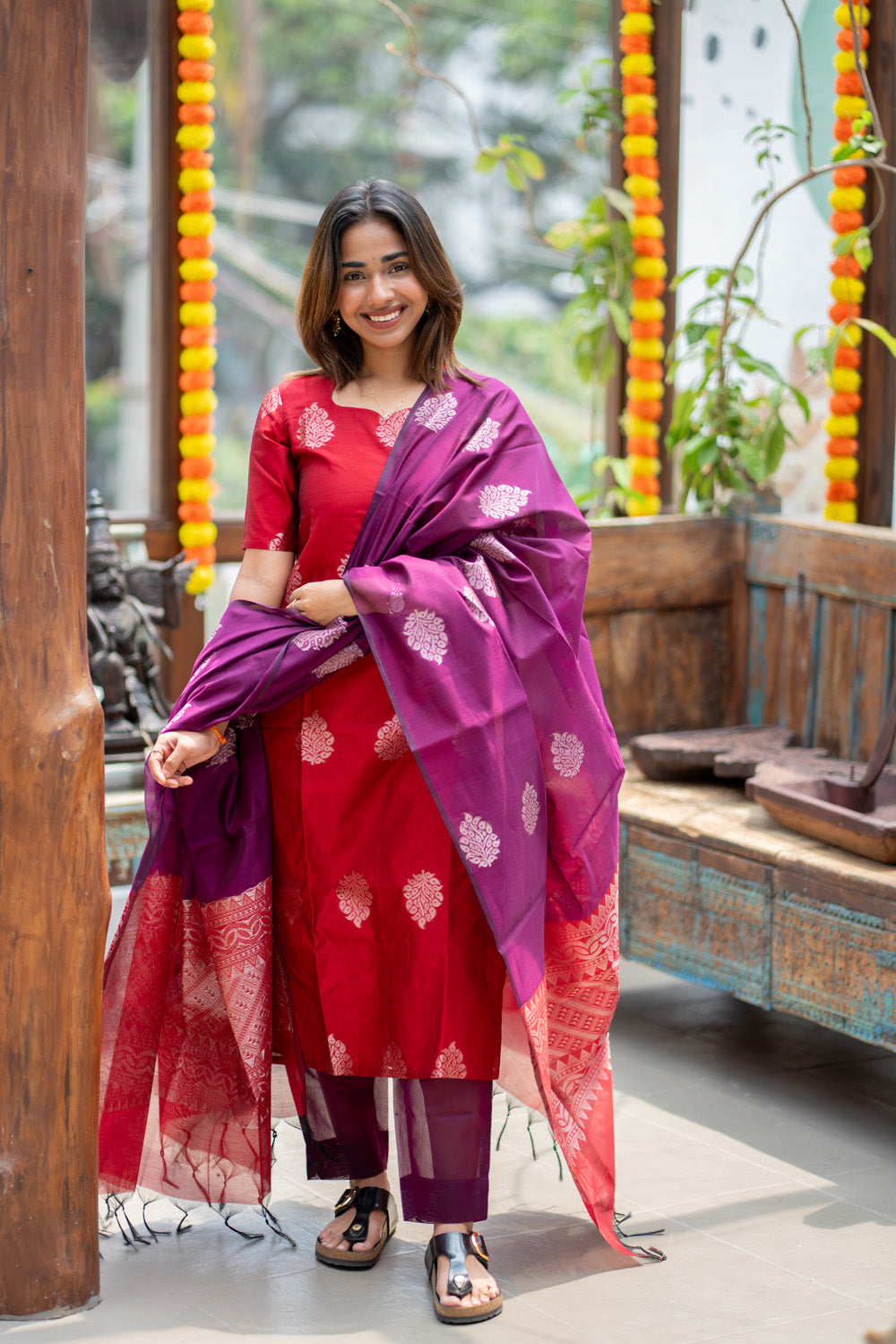 AA310 Red with Violet Combo Silk Cotton Salwar Set(with Silver Jari Design)(provided lining for top & pant)