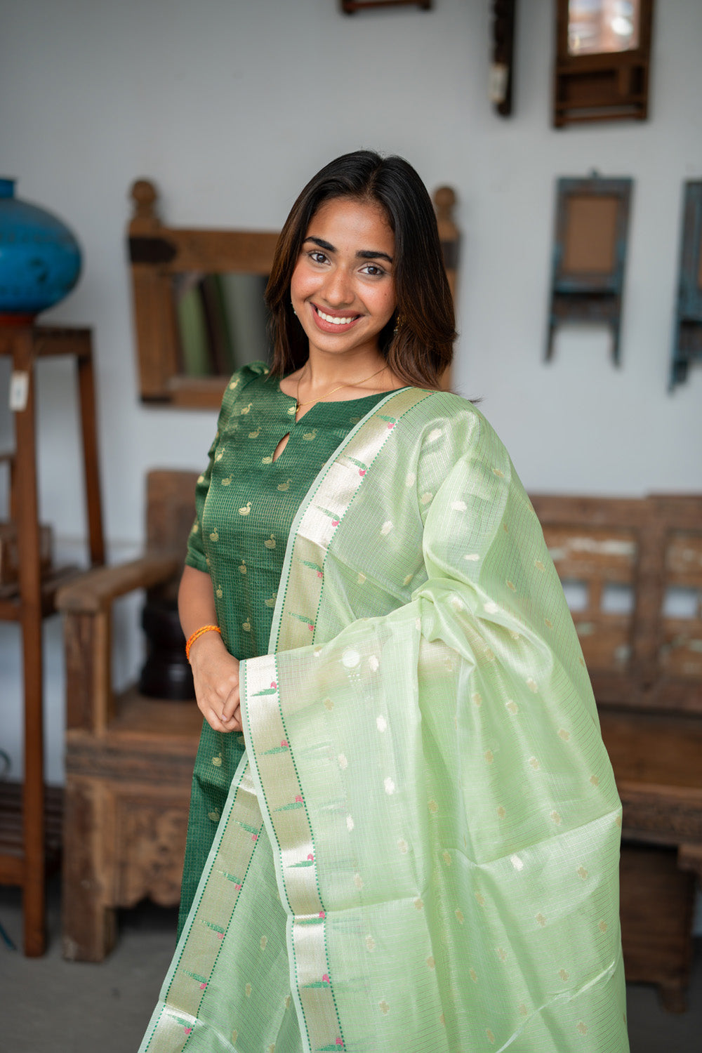 AA311 Bottle Green Checks Swan Print Tissue Silk Kurti with Light green Checks Paithani Border Tissue Silk Dupatta