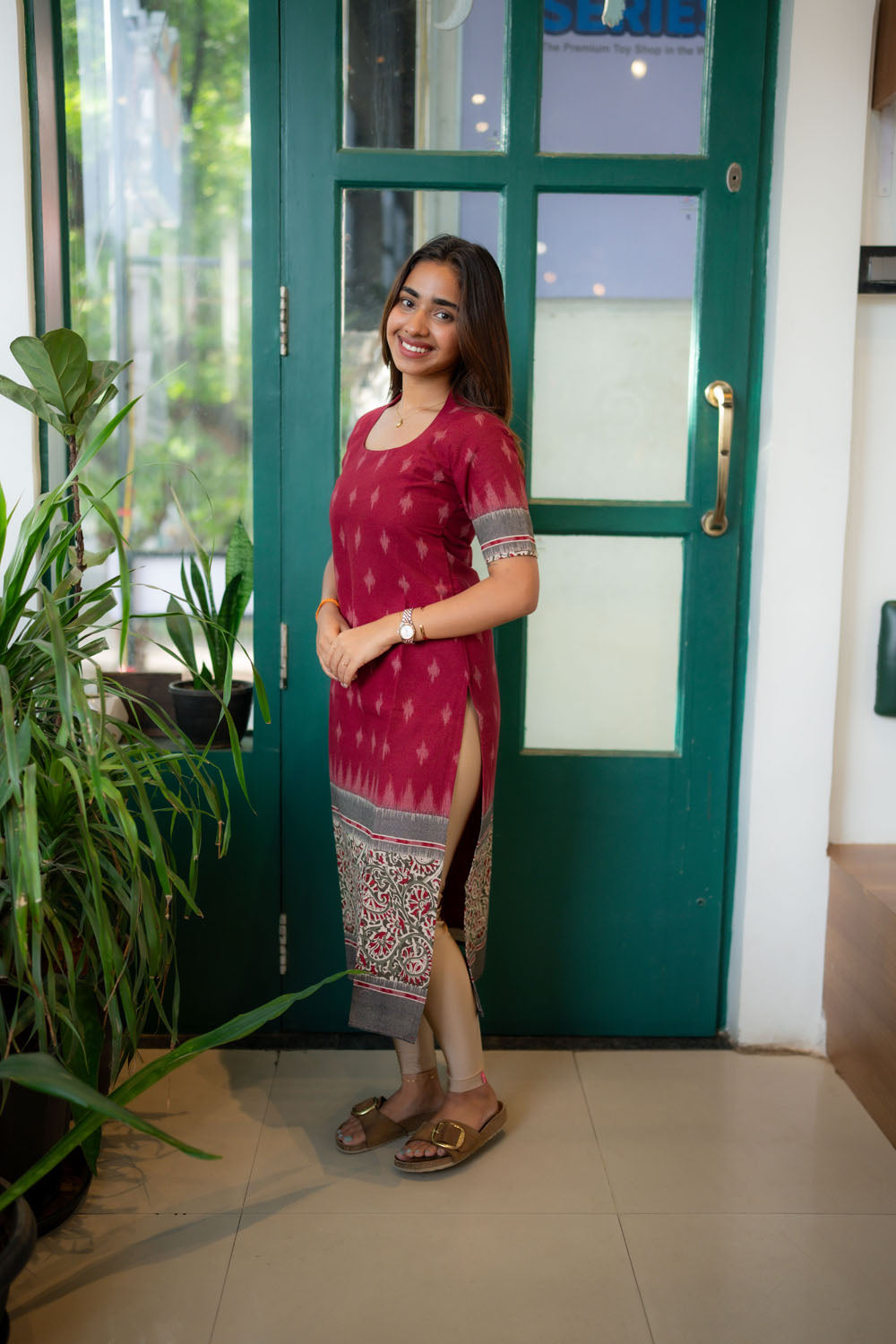 AA249 Maroon Cotton Kurti with Kalmkari Border