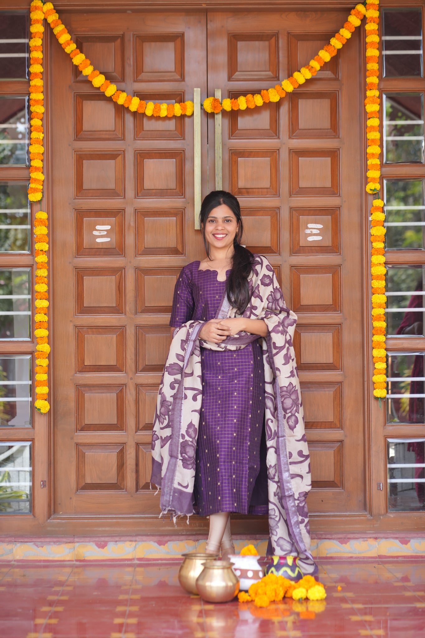 AA164 Violet Raw Silk Kurti with Kalamkari Dupatta
