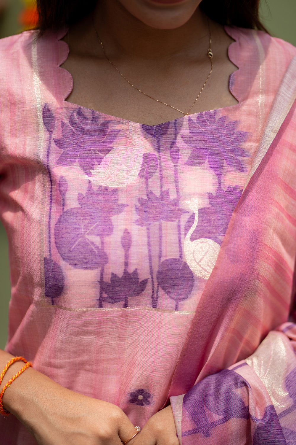 Pink with Purple Combo Swan & Pichwai Print Jamdhani Silk Salwar Set