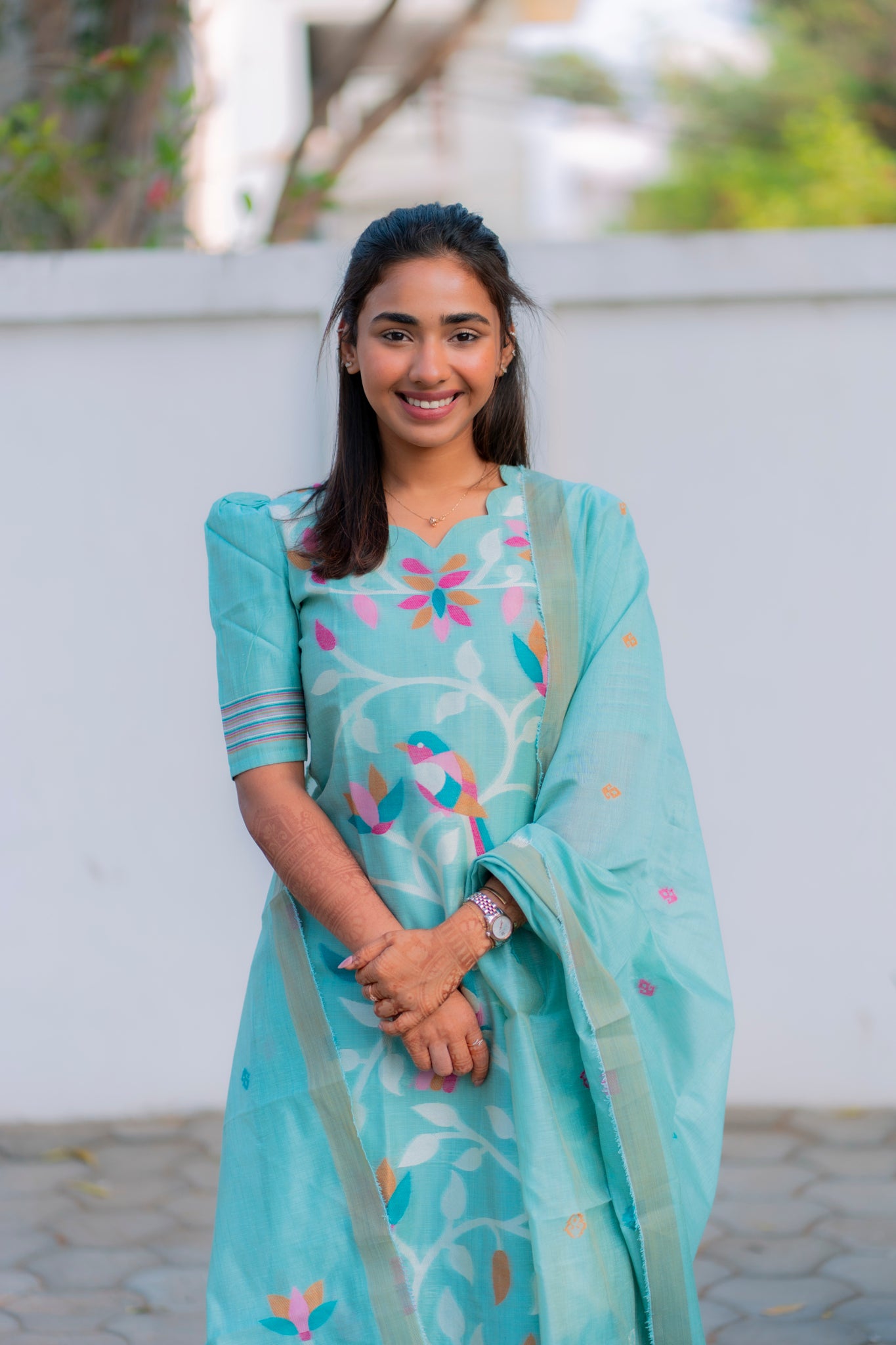 AA202 Blue Floral Linen Jamdhani 3 Pc Set