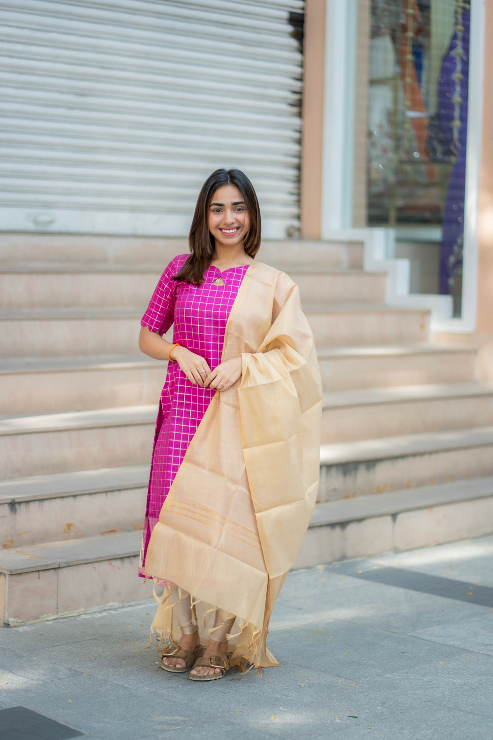 AA278 Magenta Pink Checks with Temple Border Dolla Silk Kurti with Golden Tissue Silk Dupatta