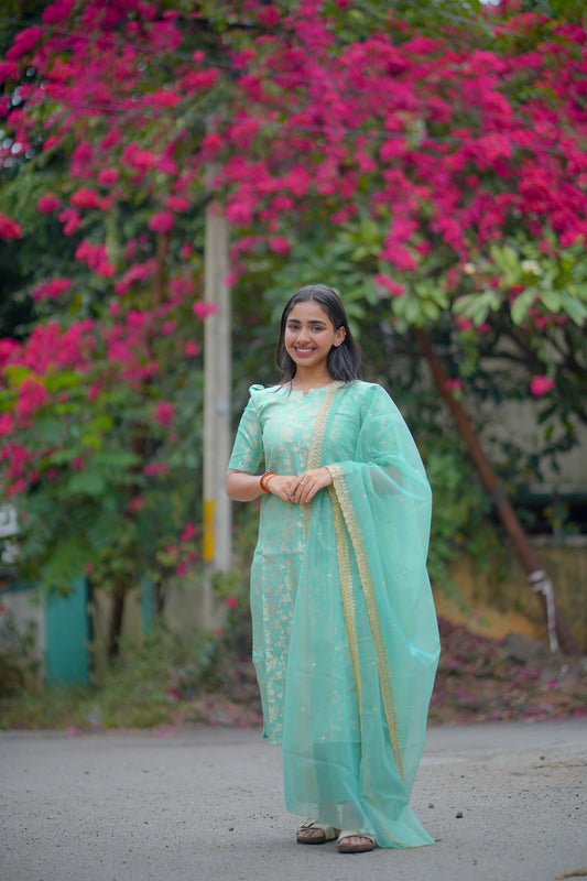 AA119 Turquoise Blue Brocade Silk 3 PC Set