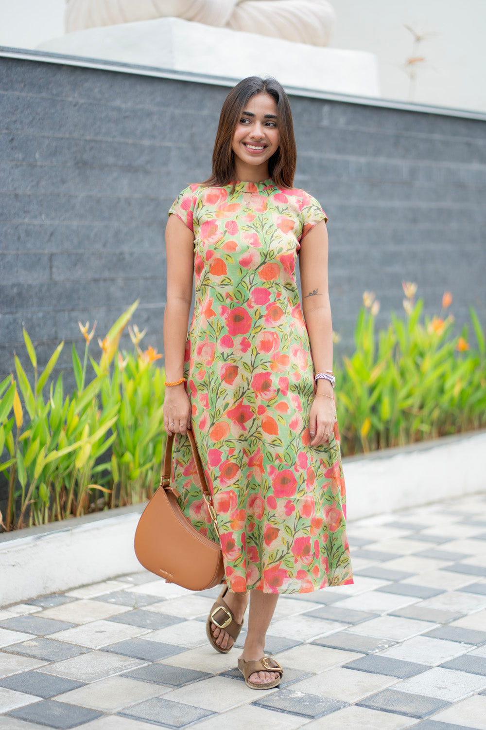 AA283  Green With Pink Floral Shimmer Silk Aline Kurti