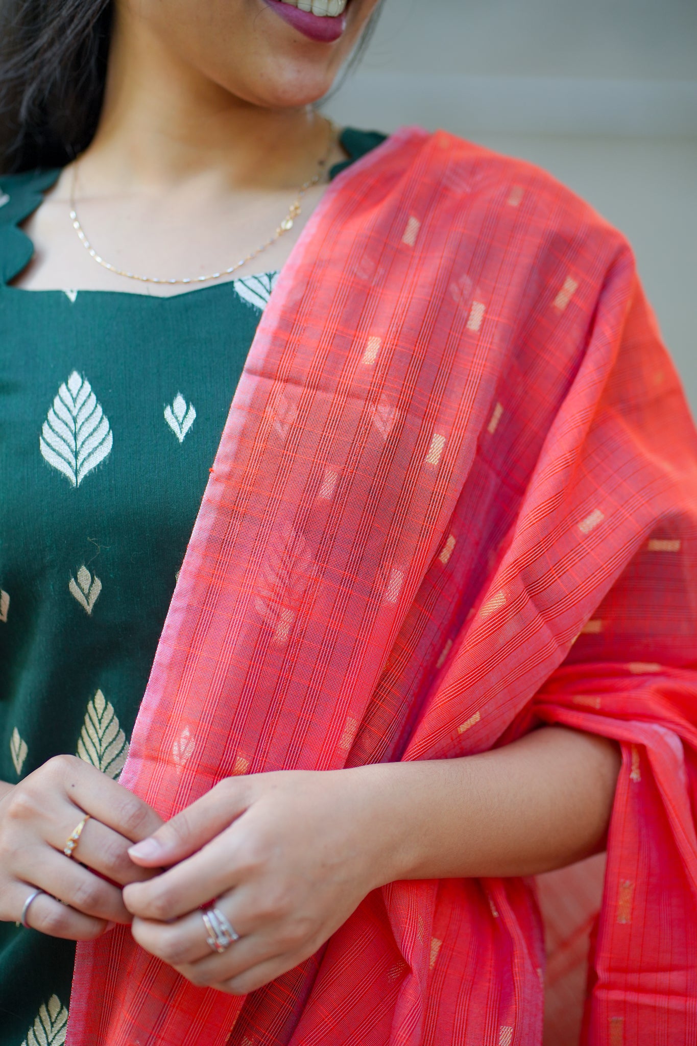 AA110 Bottle green Jacquard Silk Kurti with Red Orange Dupatta