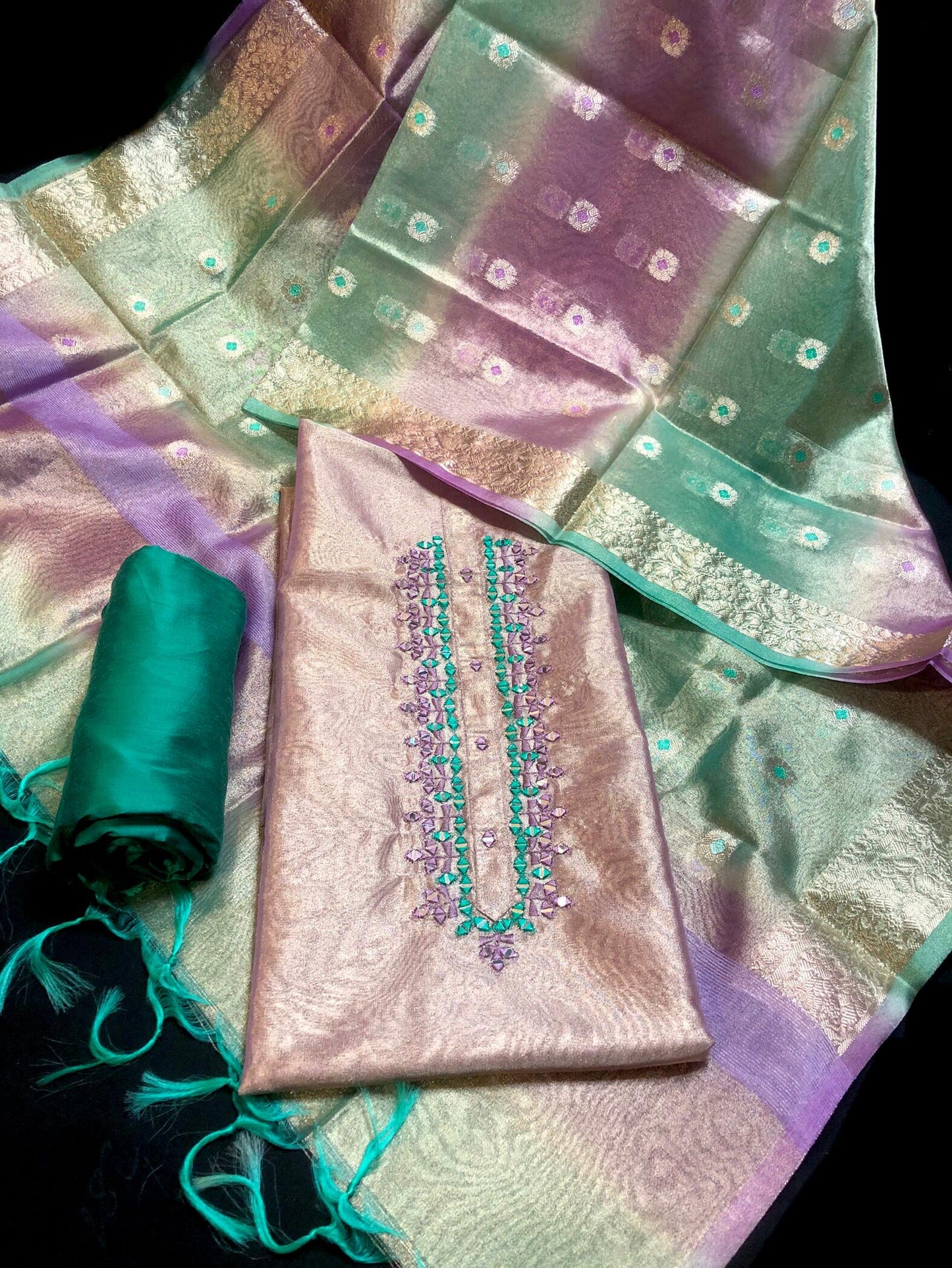 Pink Tissue Silk with Multicolour Multicolour Dupatta 3 PC set