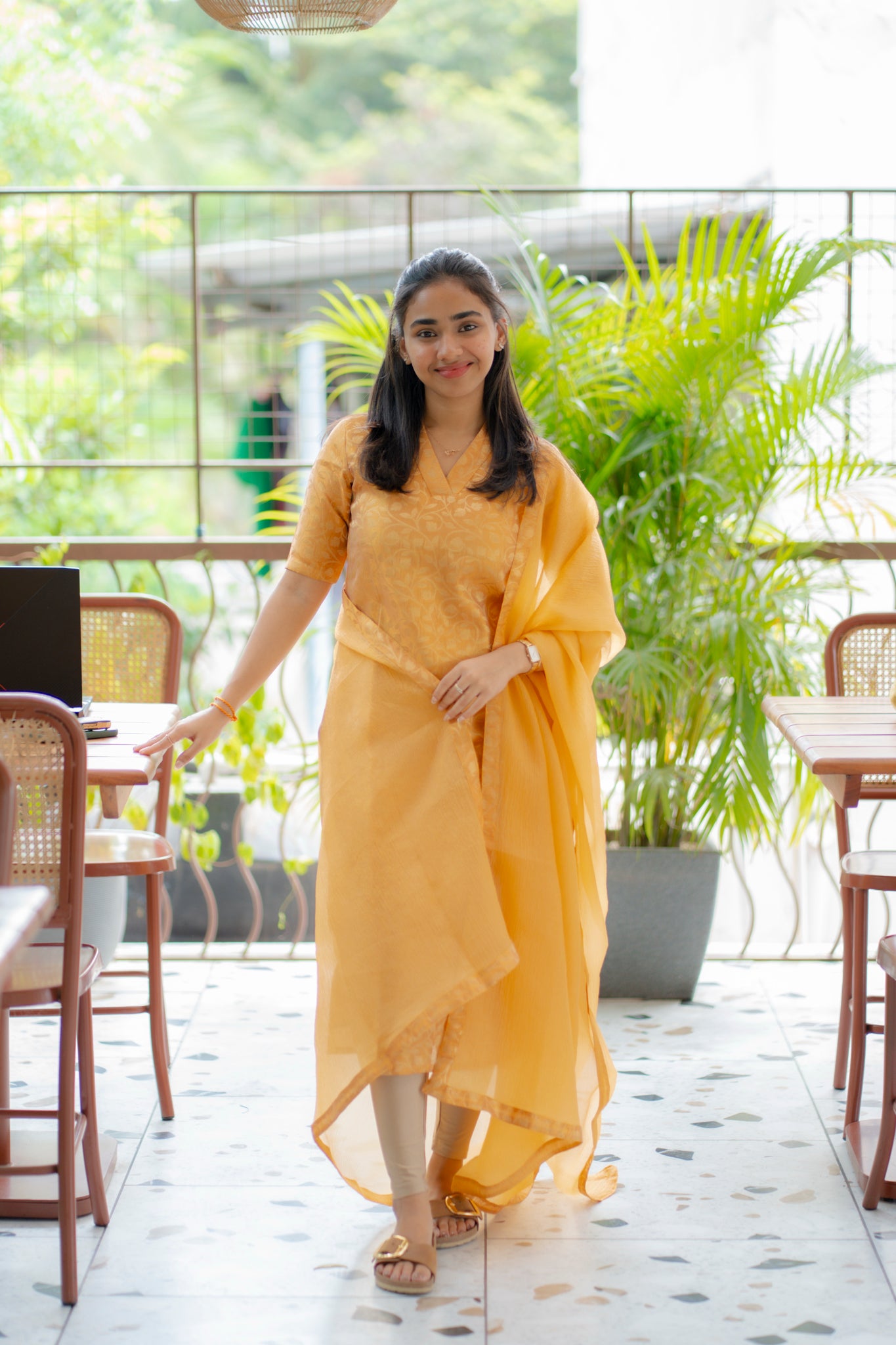 A144 Pastel Orange Floral Brocade Kurti with Crush Silk Dupatta
