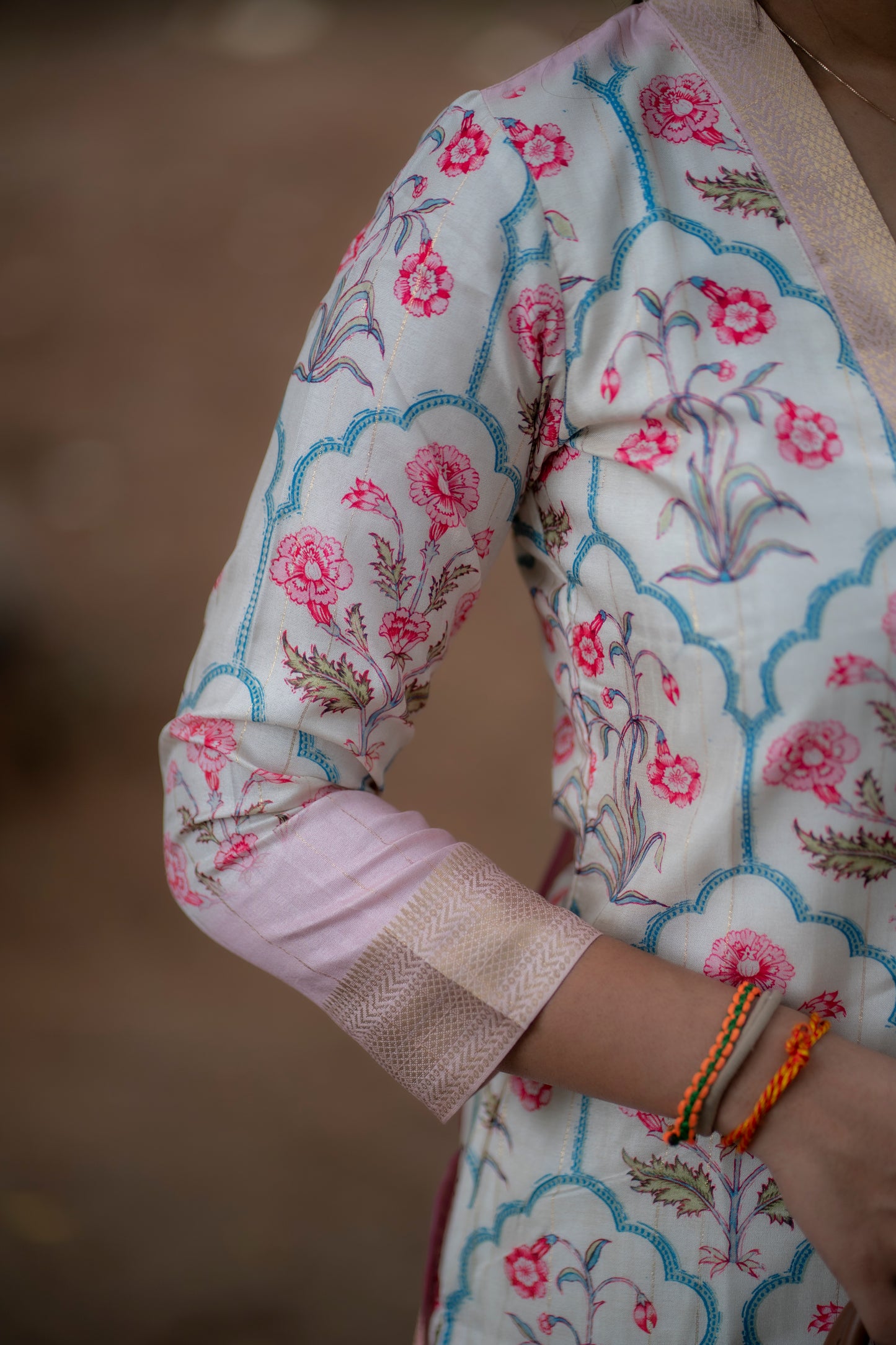 AA083 White Floral Silk Kurti with Organza Dupatta