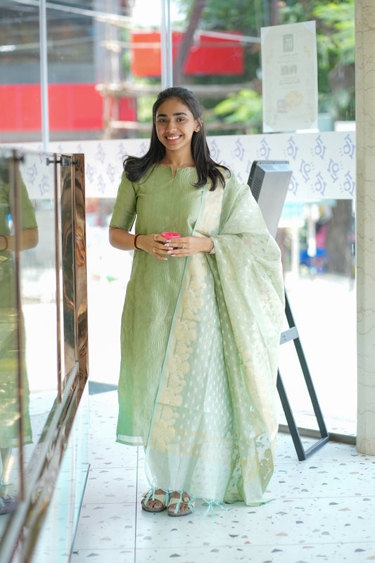 AA135 Pista Green Crush Silk Kurti with Dupatta