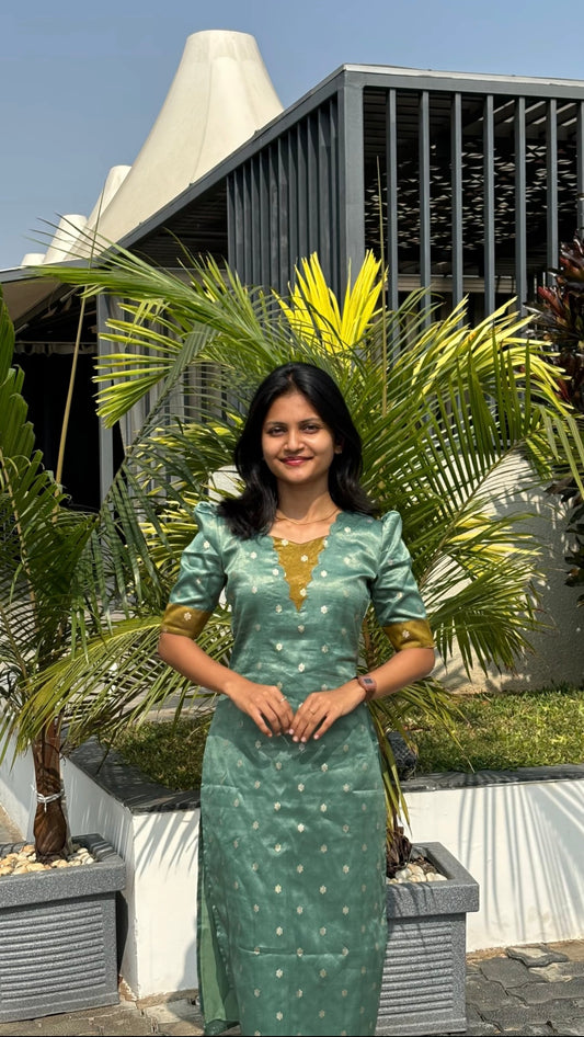 AA180 Teal Blue With Mustard Combo Shimmer Silk Kurti (warning :Don’t Iron)