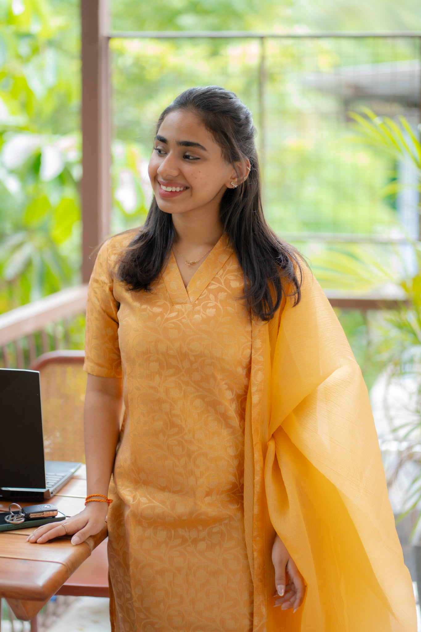 A144 Pastel Orange Floral Brocade Kurti with Crush Silk Dupatta