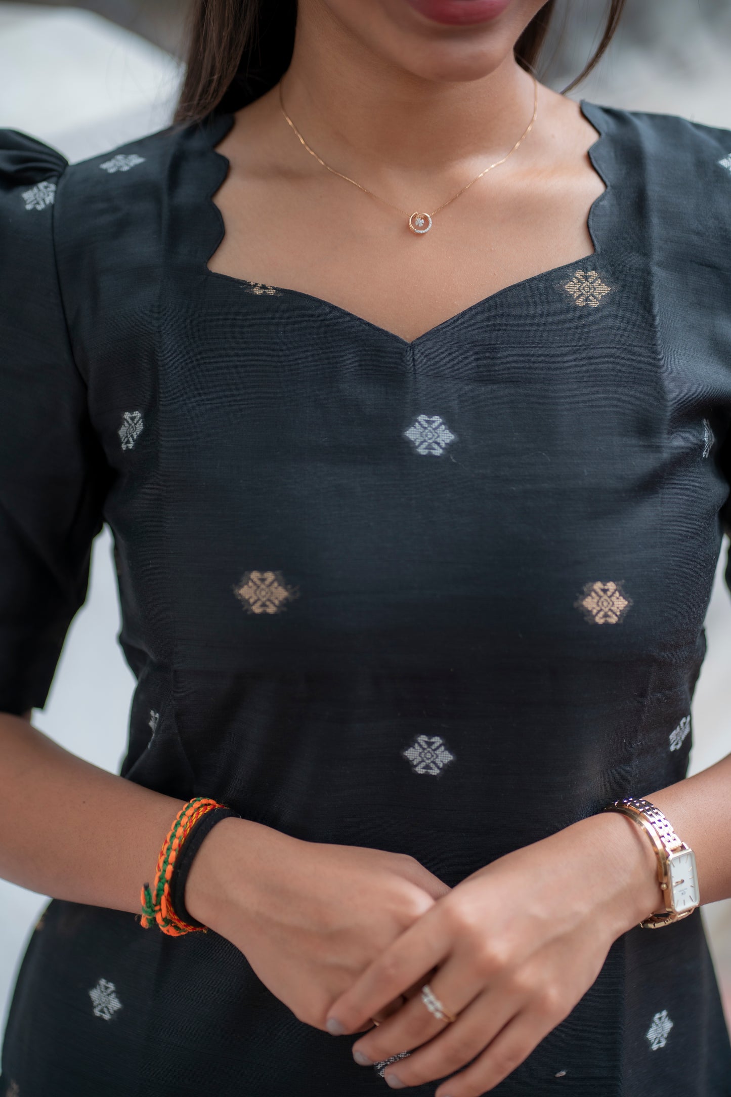 AA094 Black Chanderi jacquard kurti with Gold & Silver Motifs & Dupatta