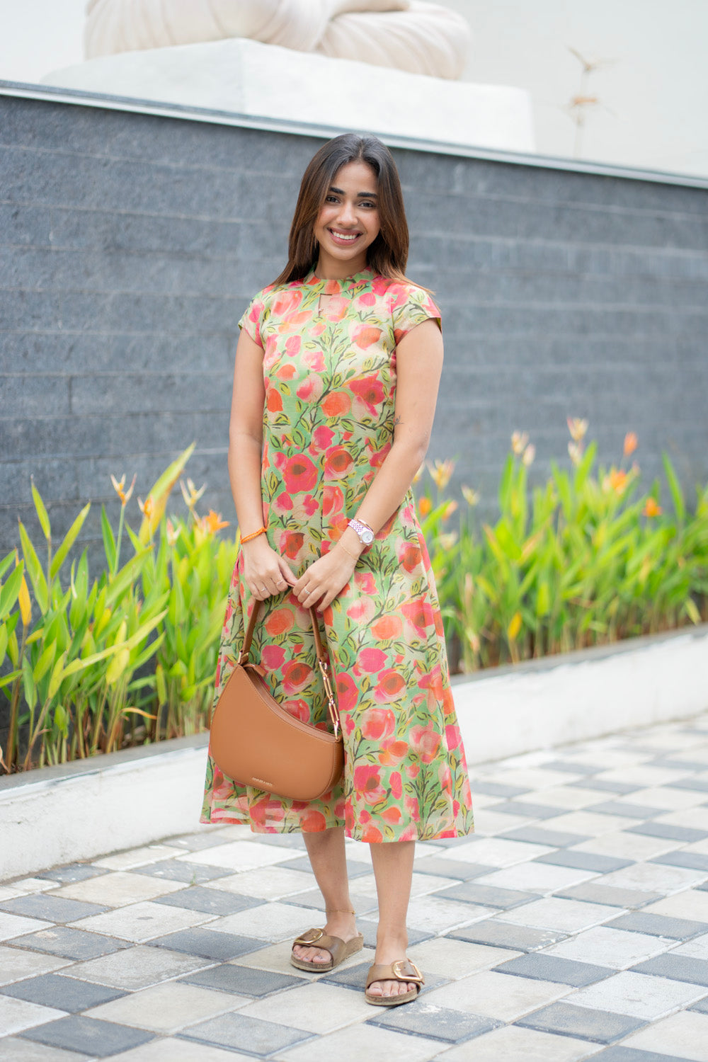 AA283  Green With Pink Floral Shimmer Silk Aline Kurti