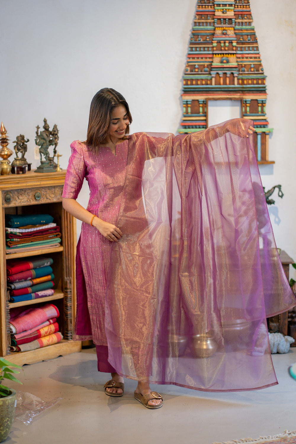 AA303 Purplish Pink Crush Silk Salwar Set with Shiny Tissue Silk Dupatta(crepe Lining)