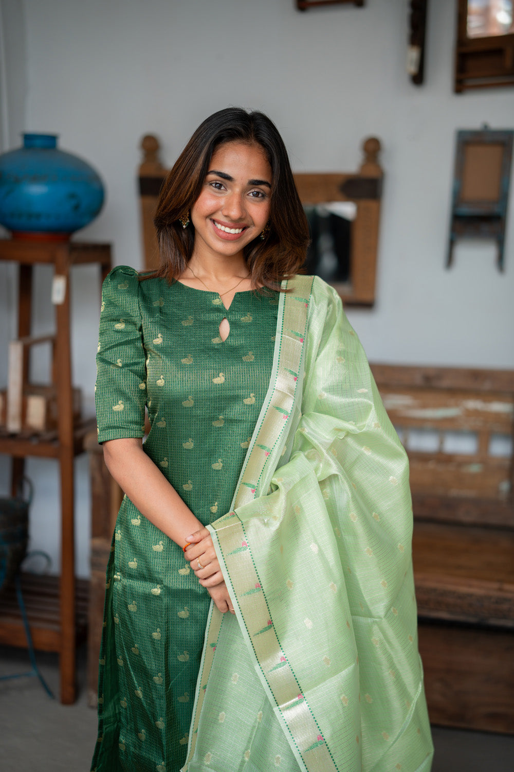 AA311 Bottle Green Checks Swan Print Tissue Silk Kurti with Light green Checks Paithani Border Tissue Silk Dupatta