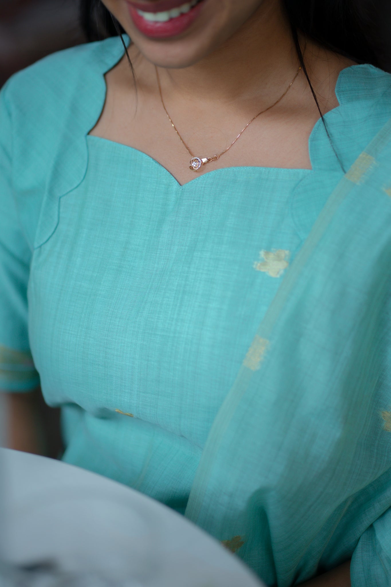 AA142 Blue Jamdani Linen Silk with Paithani Border 3 pc set