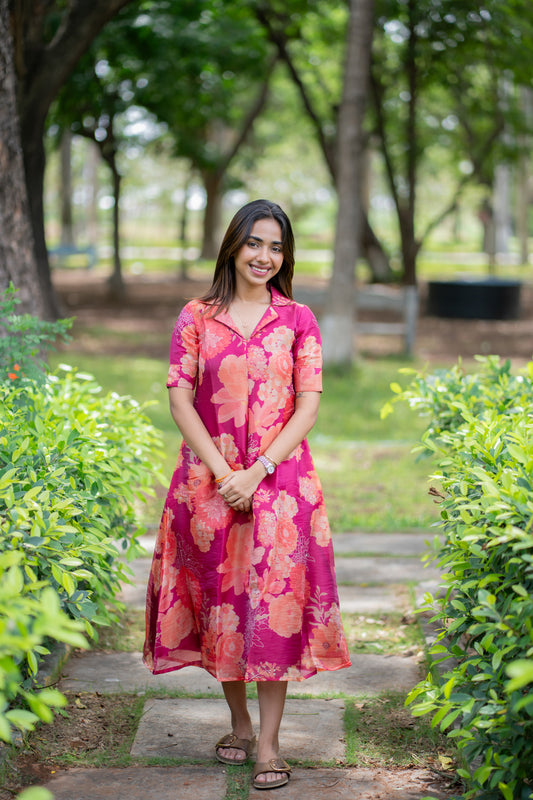 AA294 Magenta Pink Floral Chiniya Silk Aline Dress