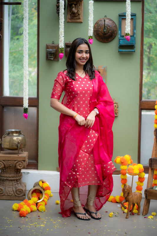 AA147 Rani Pink Chanderi Jacquard Silk Kurti With Shimmer Silk Dupatta