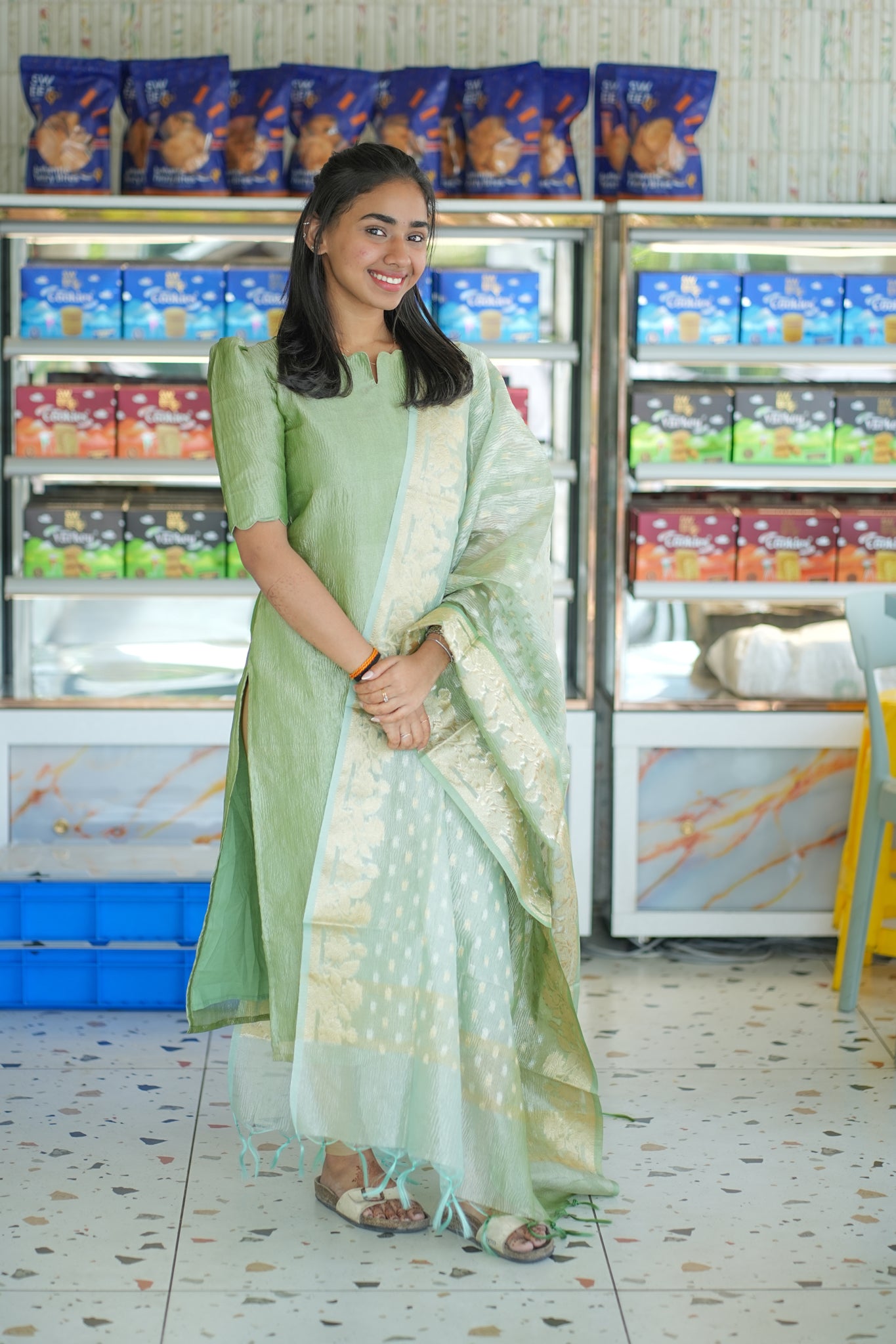 AA135 Pista Green Crush Silk Kurti with Dupatta