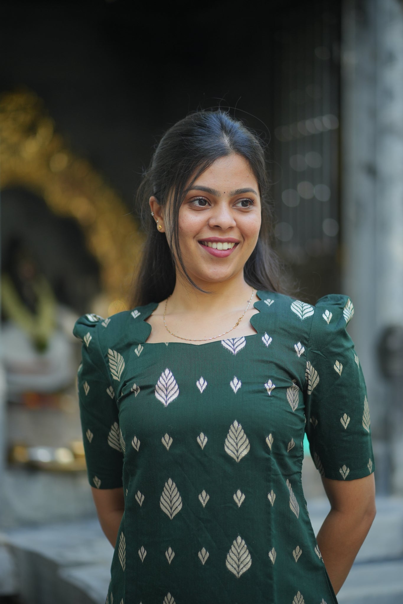 AA110 Bottle green Jacquard Silk Kurti with Red Orange Dupatta