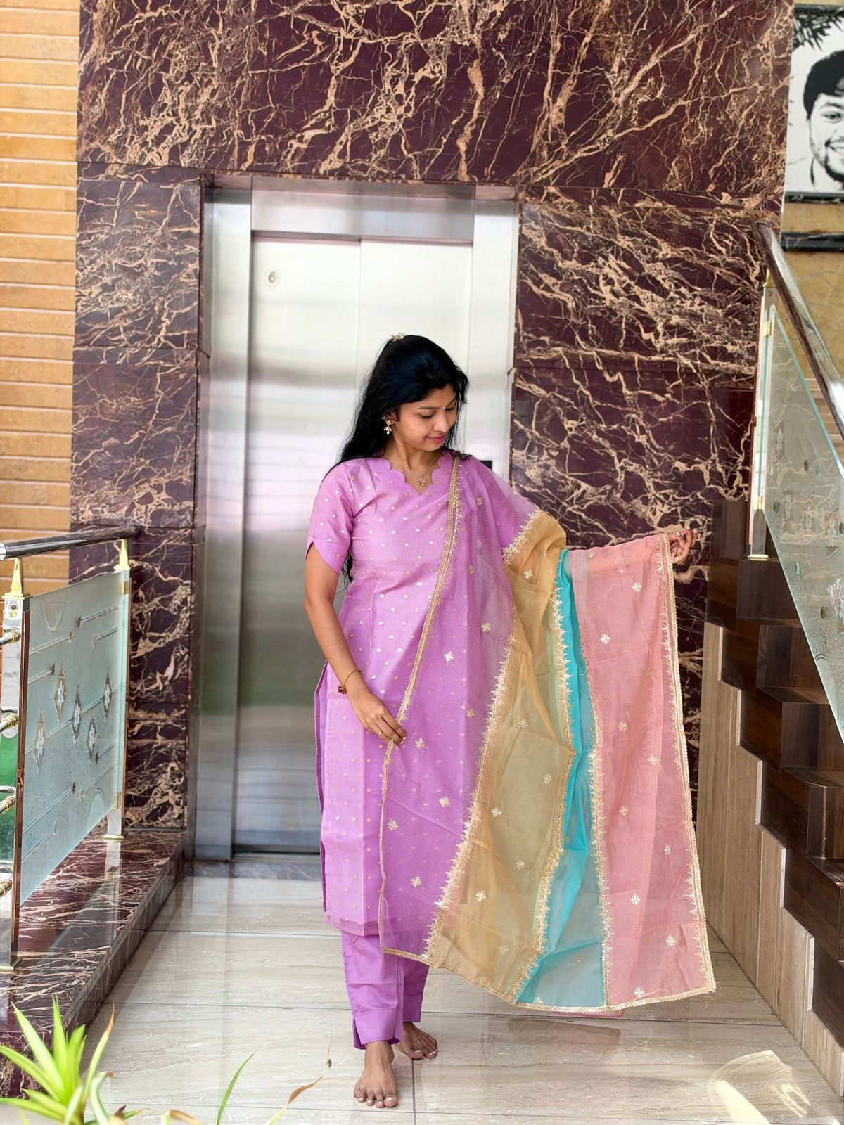 Lavender Designer Silk Top & Pant with Multicolour Dupatta