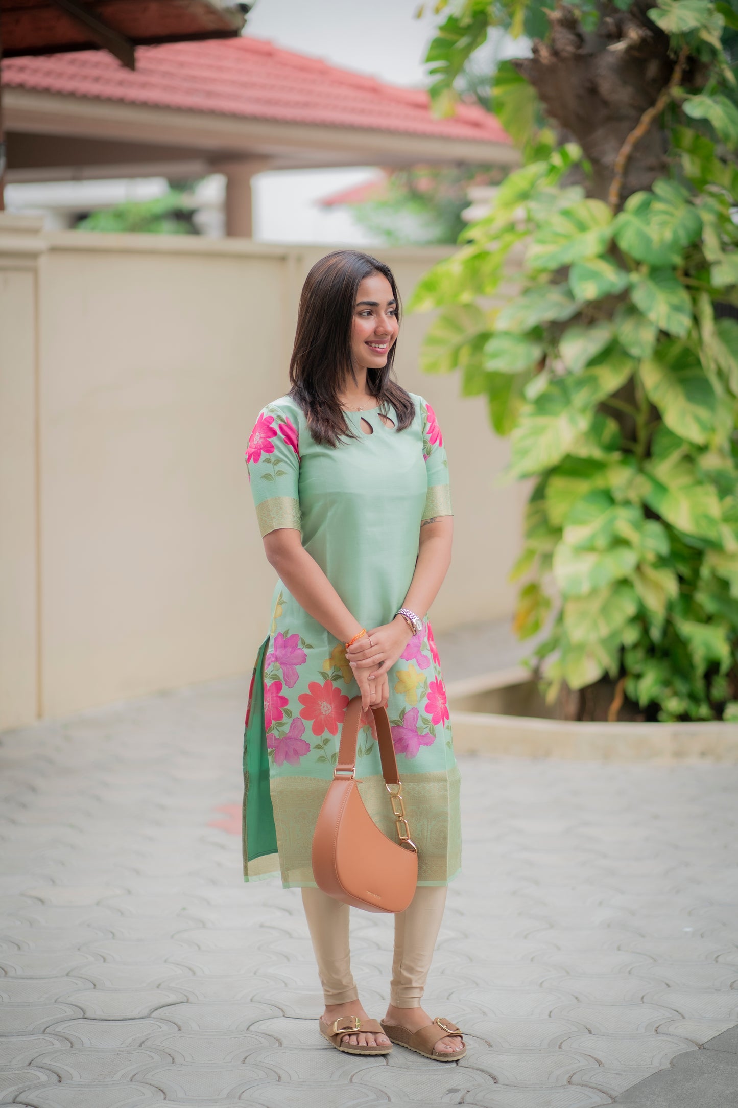 AA154 Pastel Green Floral Tissue Silk Kurti