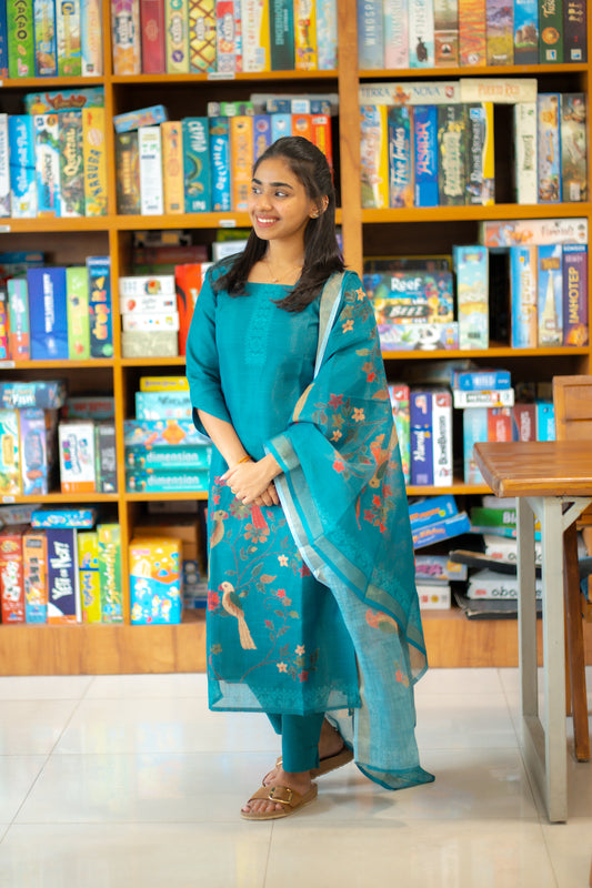 AA146 Peacock Blue Handloom Tissue Silk 3 pc Set(Parrot Design)